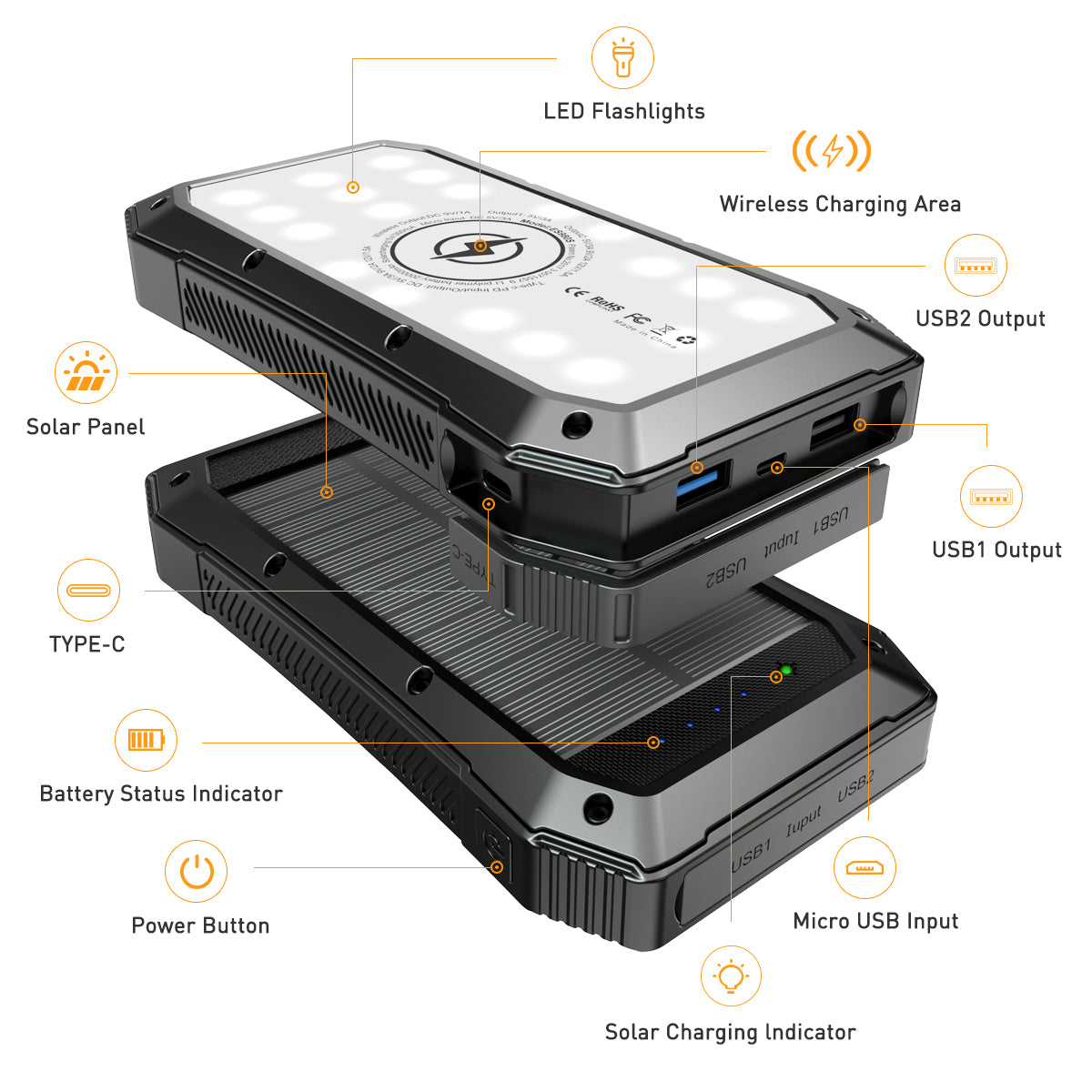 Sun Chaser Solar Powered Wireless Phone Charger 20,000 mAh With LED Flood Light Vista Shops