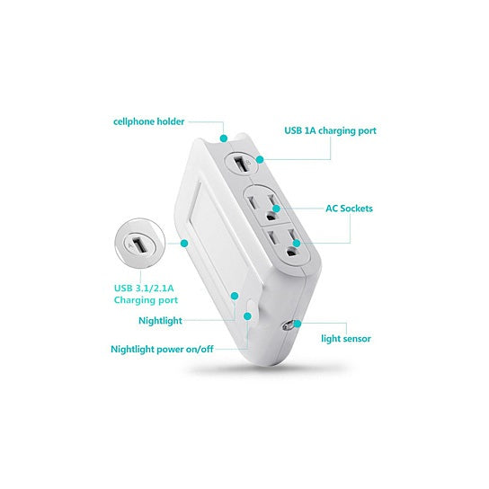 4 in 1 Expert Multitasker Wall Power Adapter Socket And Phone Charger With Night Light Function Vista Shops